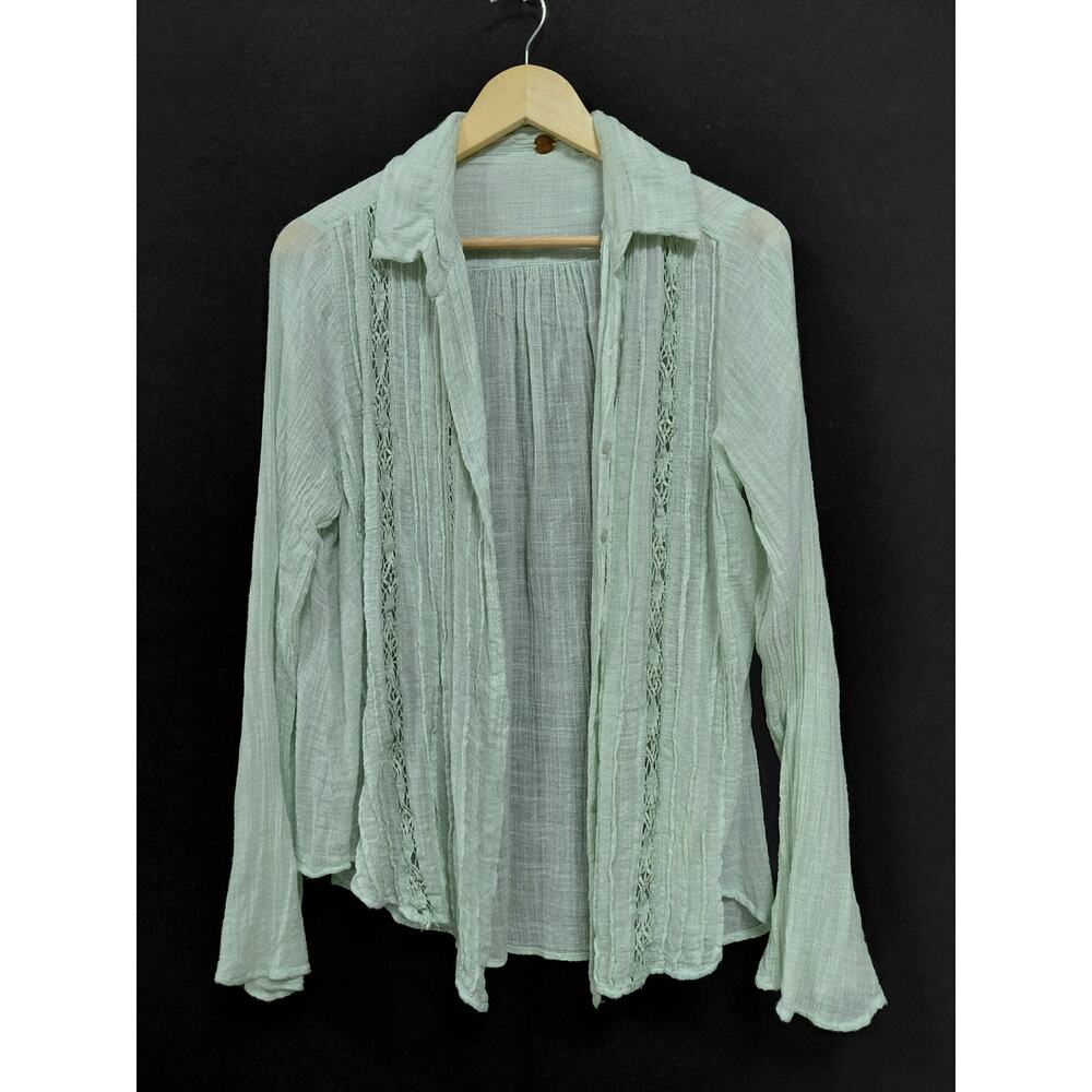 FP One Sheer Cotton Blend Top Green Solid Long Sleeve Women Size SD